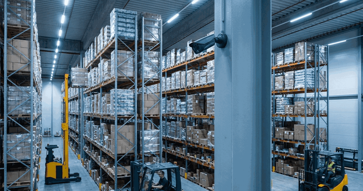 Warehouse aisle with a wall mounted video analytics camera watching forklifts and high racking