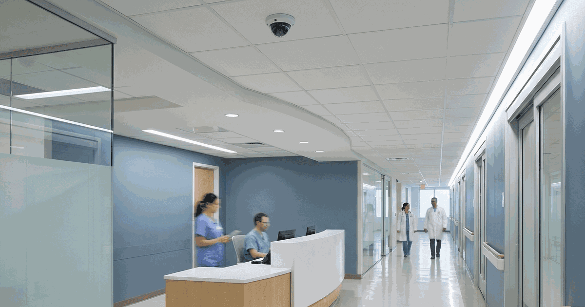 Clinic reception corridor with a ceiling dome camera, showing where a face detection camera may be used with privacy controls