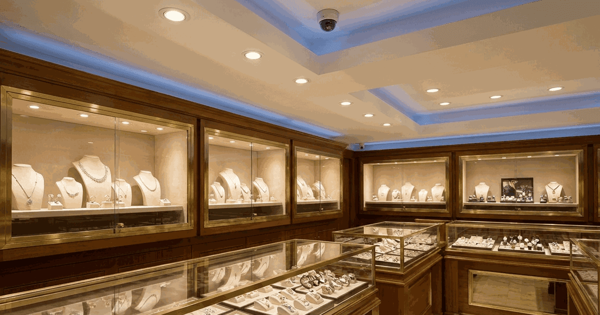 Ceiling dome camera above jewellery display cases in a retail branch, showing smart security camera installation for business chains